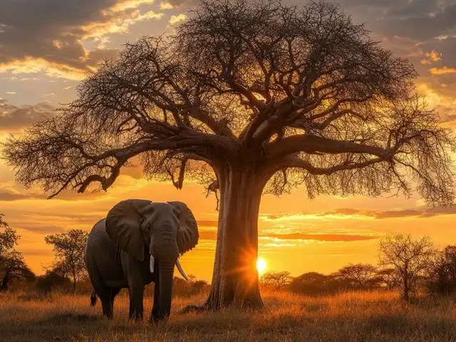 Éléphant au coucher du soleil près d’un baobab emblématique de la savane tanzanienne
