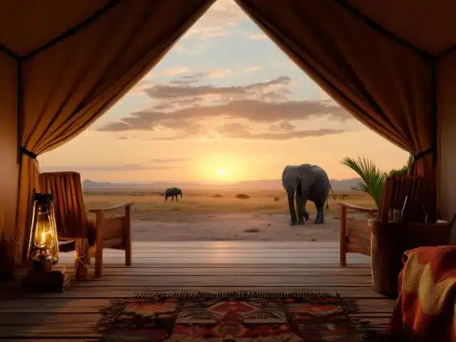 Vue de l'intérieure d’une tente ouverte sur la plaine, avec un éléphant avançant à quelques dizaines de mètres