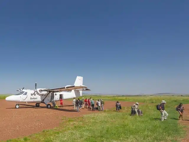 Petit avion de safari sur une piste en brousse, transportant des voyageurs vers un parc national de Tanzanie