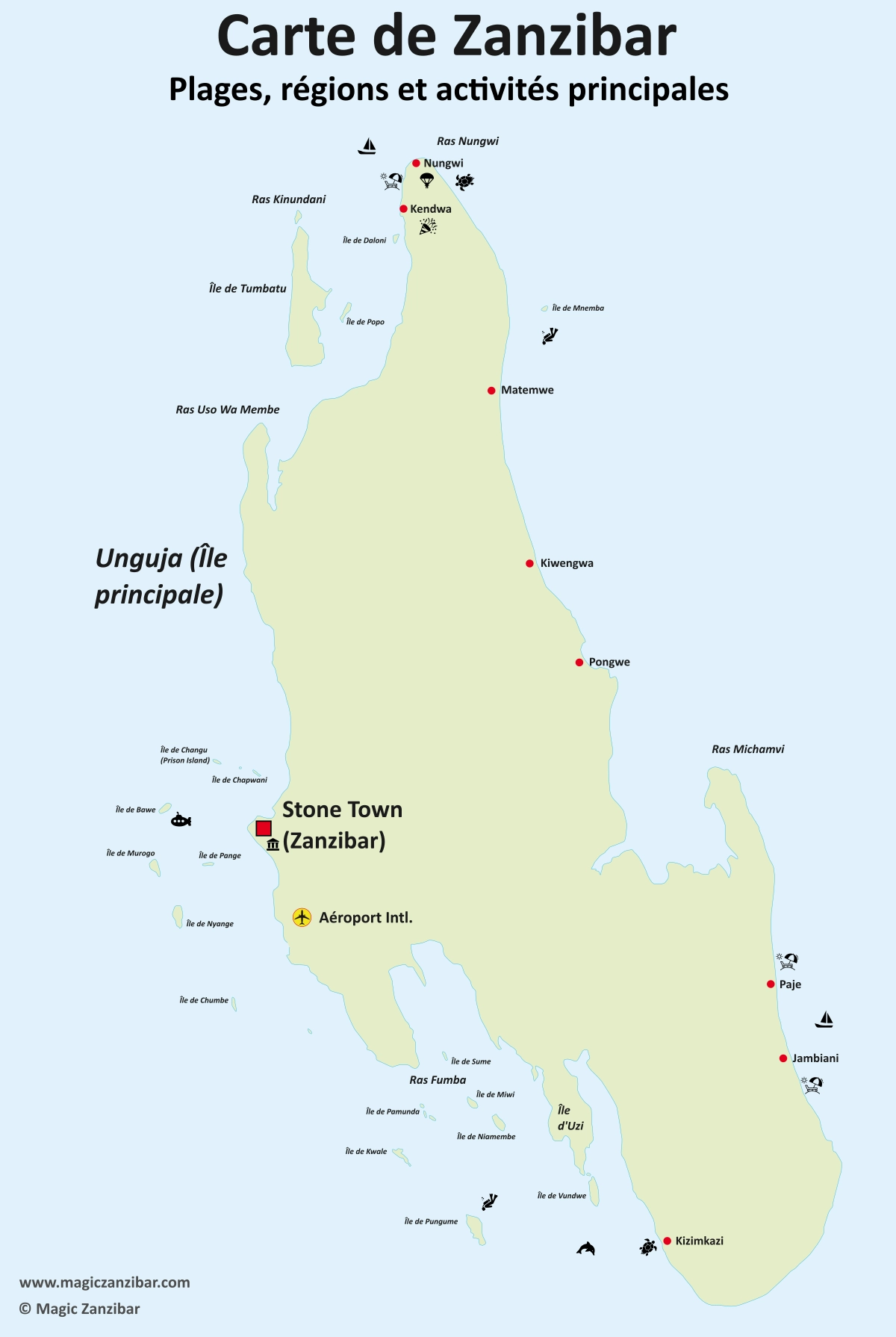 Carte de Zanzibar avec les régions nord, est, sud et Stone Town